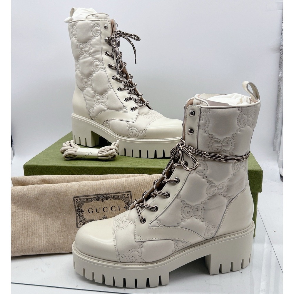 Gucci Marmont GG Interlock Embossed Lace Up Boots White Leather Platform EU 41.5